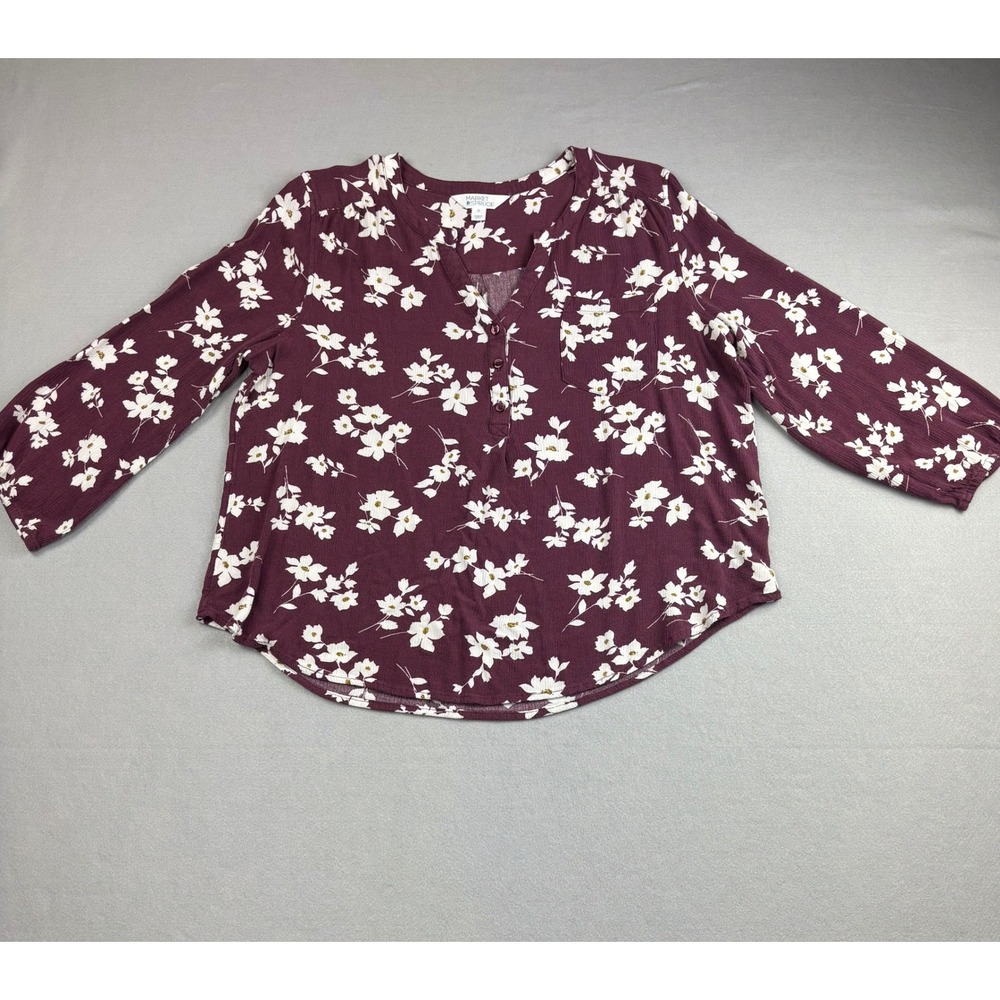 Market & Spruce Floral Henley Blouse XL Maroon Plum Split V-Nevk 3/4 Sleeve
